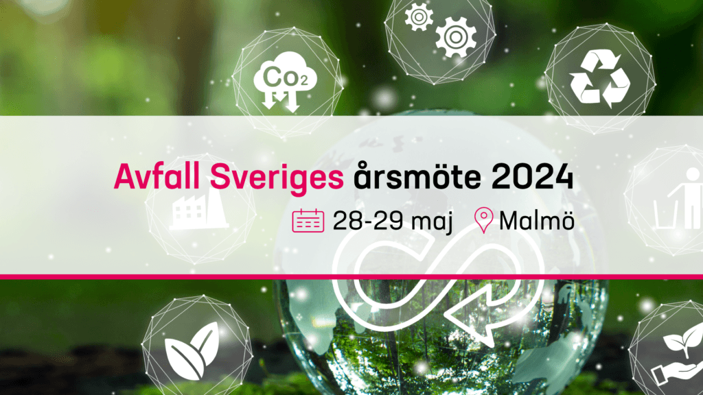 På grön bakgrund, ikoner relaterade till bioenergi i bubblor och en text som berättar om Avfäll Sveriges årsmöte