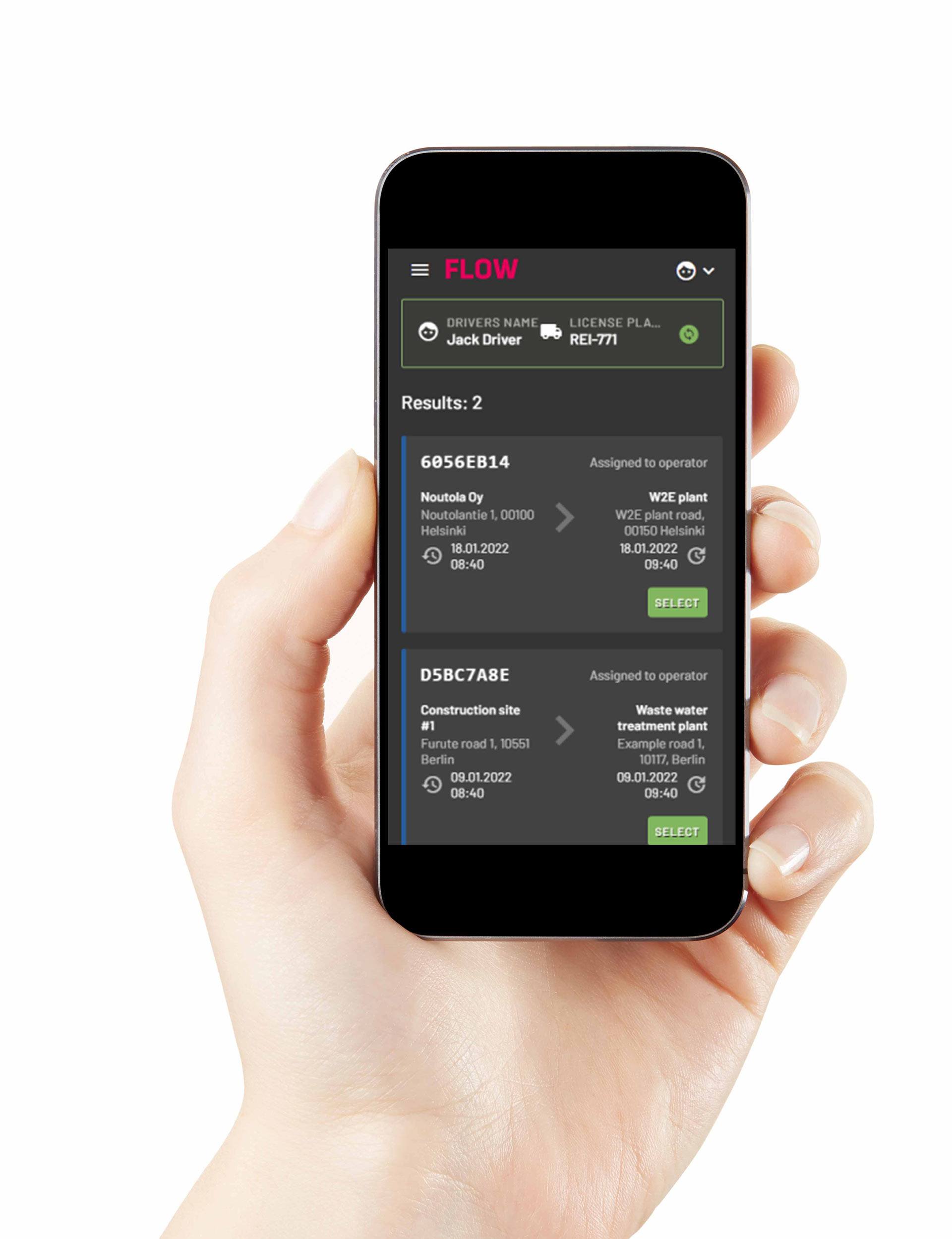 A hand holding a phone with Pinja's electronic movement document