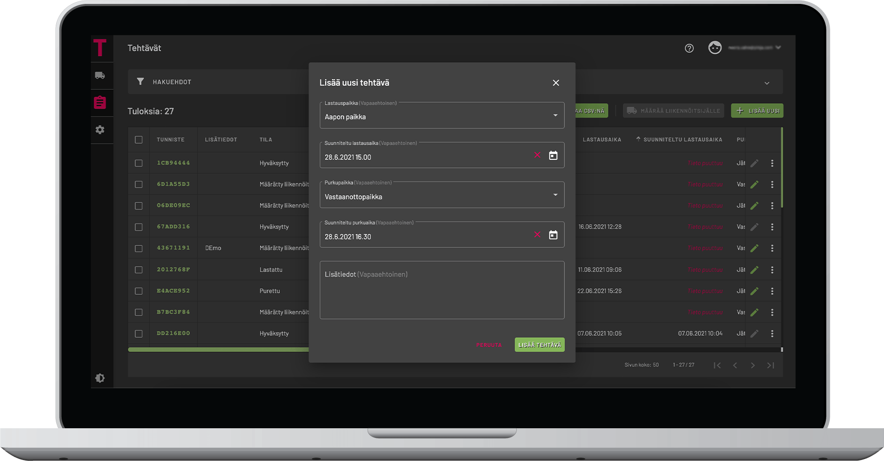 Elektronisk transportdokumenttjänst på en bärbar datorskärm